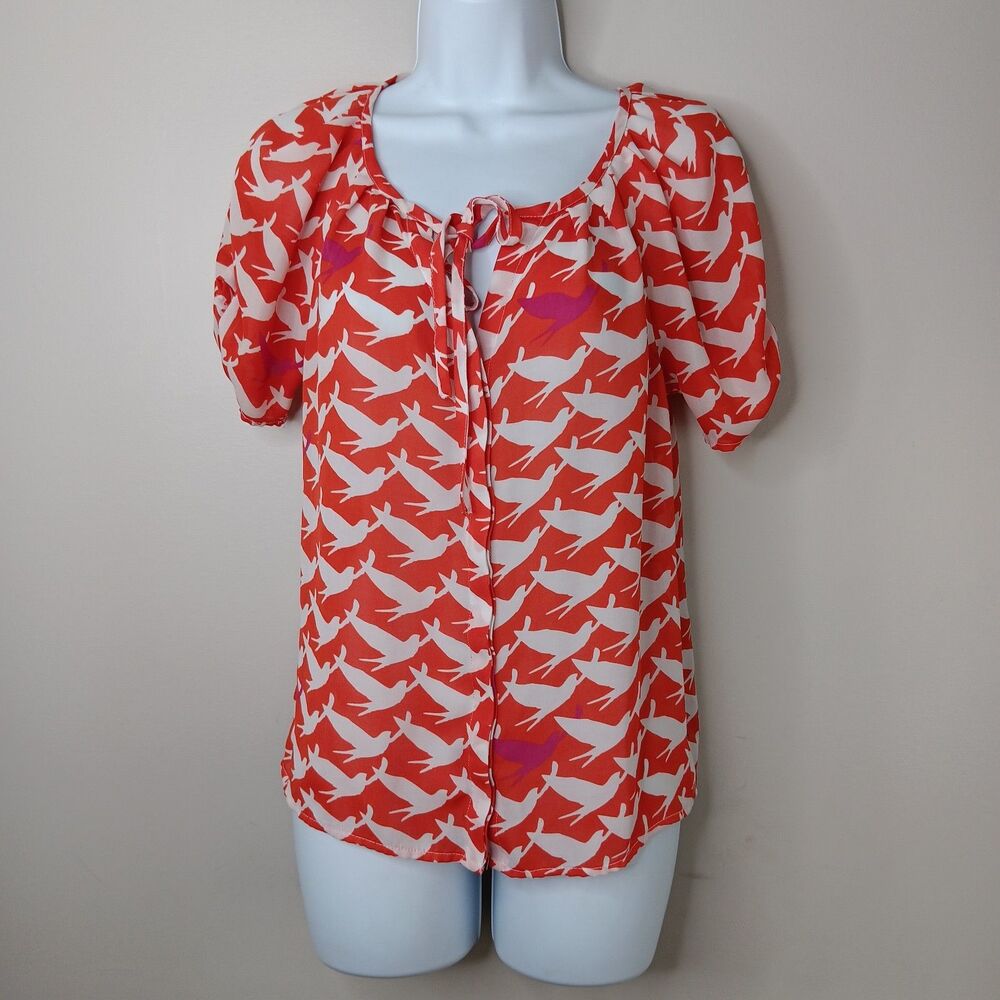HATLEY Blouse Women's XS Bird Print Semi-sheer Button Down Top Flowy Feminine